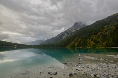 Scenic view of lake by mountains against sky