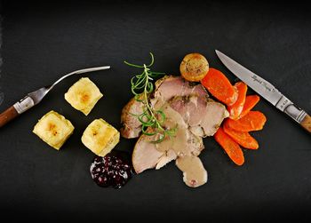 High angle view of food served on table