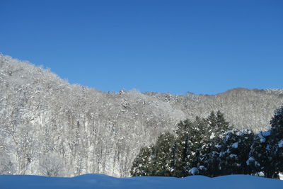 Snow covered mountain against clear blue sky