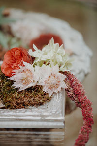 Close-up of white rose on table