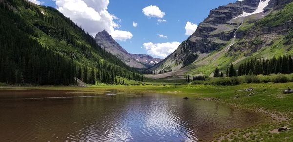 Scenic view of lake by mountains against sky