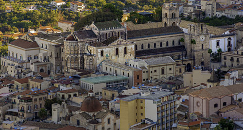 High angle view of old buildings in town