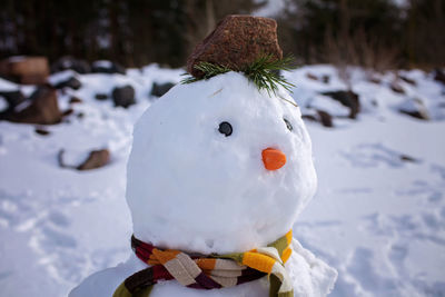 Close-up portrait of snowman with a bitten-off carrot. space for text. seasonal family weekend
