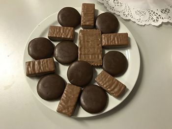 High angle view of coins in plate