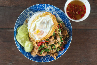 High angle view of food in plate on table