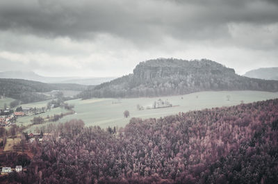 Scenic view of mountains against cloudy sky