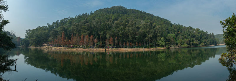 Scenic view of lake by trees against sky