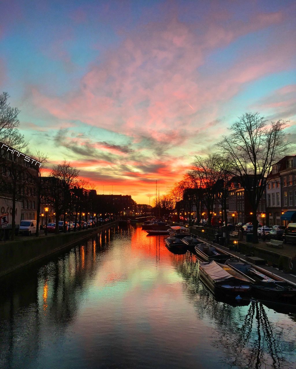 sunset, sky, reflection, tree, water, cloud - sky, outdoors, architecture, nature, building exterior, no people, beauty in nature, day