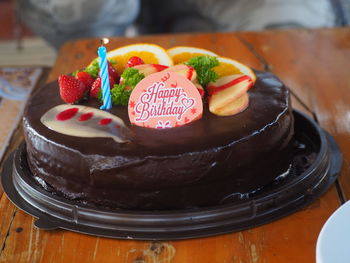 Close-up of cake served on table