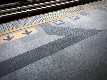 High angle view of text on railroad station platform