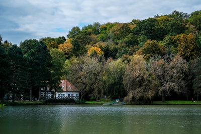 Scenic view of lake by trees against sky