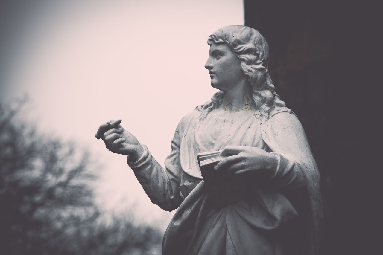 LOW ANGLE VIEW OF STATUE AGAINST TEMPLE