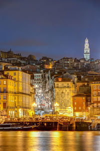 Illuminated city buildings at night