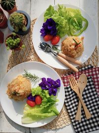 High angle view of food served on table