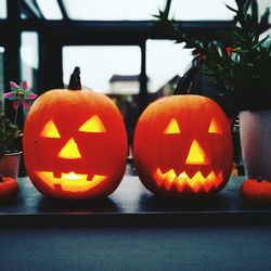 Close-up of illuminated halloween pumpkin