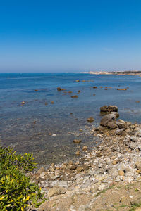 Scenic view of sea against clear blue sky