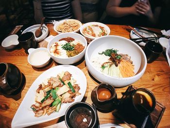 High angle view of meal served on table in restaurant