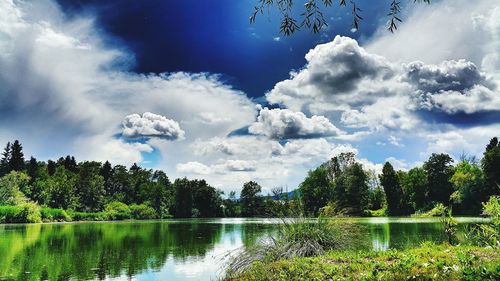 Scenic view of lake against cloudy sky