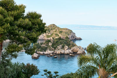 Isola bella island near taormina, sicily, italy beautiful small island in waters of the ionian sea. 