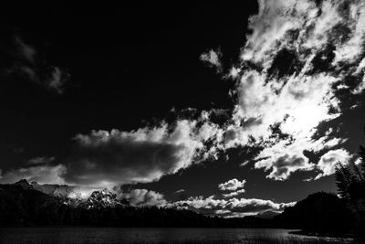 Scenic view of lake by silhouette mountains against sky