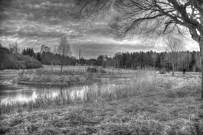 Scenic view of lake against cloudy sky