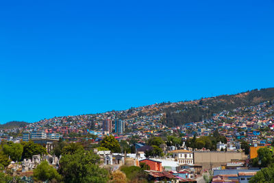 Townscape against clear blue sky