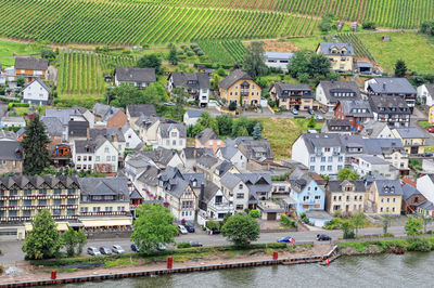 Aerial view of town by river