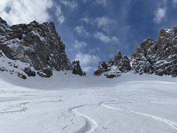 Scenic view of snowcapped mountains against sky