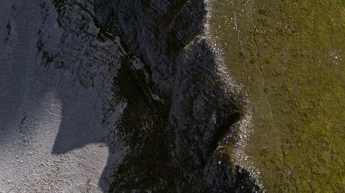 High angle view of wet rocks on shore