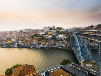 High angle view of river amidst buildings against sky