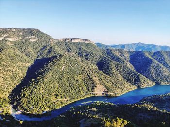 High angle view of lake against clear sky