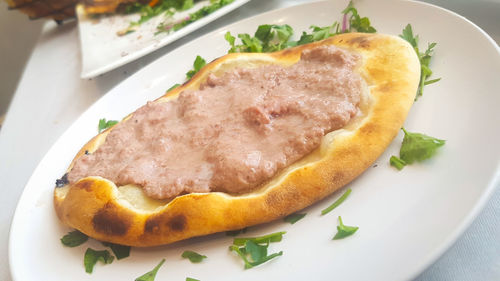 High angle view of breakfast served on table