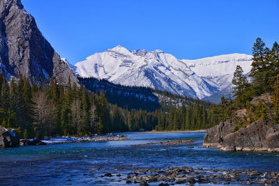 Scenic view of snowcapped mountains against clear sky