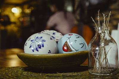 Close-up of colorful easter eggs on table