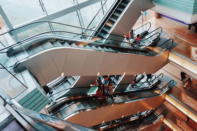 High angle view of escalators in shopping mall