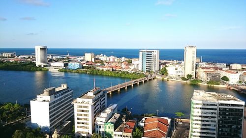 High angle view of city at waterfront