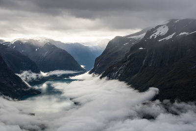 Scenic view of mountains against cloudy sky