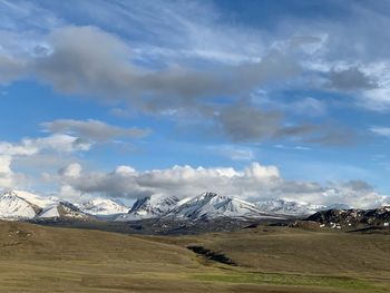 Scenic view of snowcapped mountains against sky