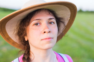 Close-up portrait of girl wearing hat