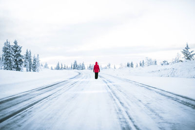 Rear view of person walking on snow covered land against sky