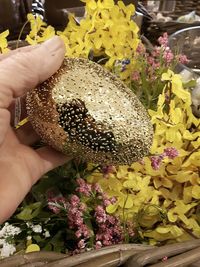 Close-up of woman hand holding yellow flowers