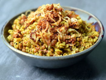High angle view of meat in bowl on table