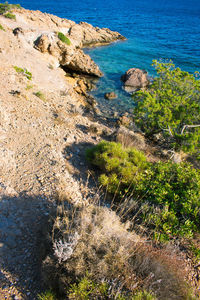 High angle view of rocks on beach