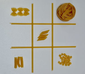 High angle view of pasta arranged on table