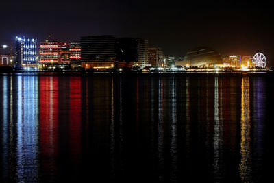 View of city lit up at night