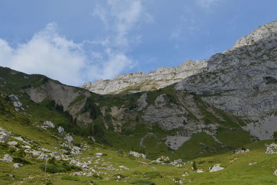 Low angle view of mountain against cloudy sky