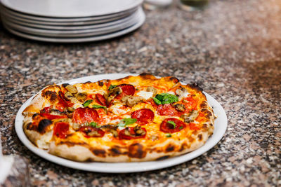 Close-up of pizza on table