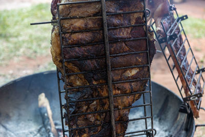 Close-up of meat on barbecue grill