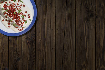 High angle view of food on wooden table