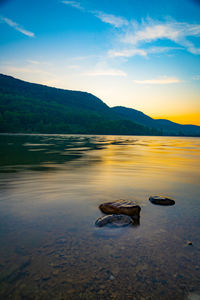 Scenic view of lake against sky during sunset